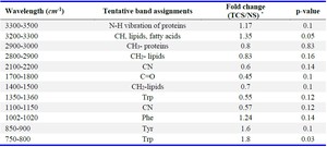 Table 2. Chemical assignments of vibrational modes for the Raman spectra acquired from serum
* TCS: Testicular cancer serum, NS: Normal serum, Phe, Tyr, and Trp refer to the phenylalanine, tyrosine, and tryptophan residues, respectively
